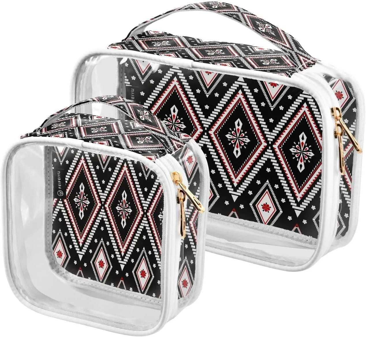 Ethnic Geometric Pattern 2 Pieces Clear Makeup Cosmetic Bags for Traveling Vacation Organizing, Toiletry Bags for Women Men, PVC Waterproof Travel Organizer