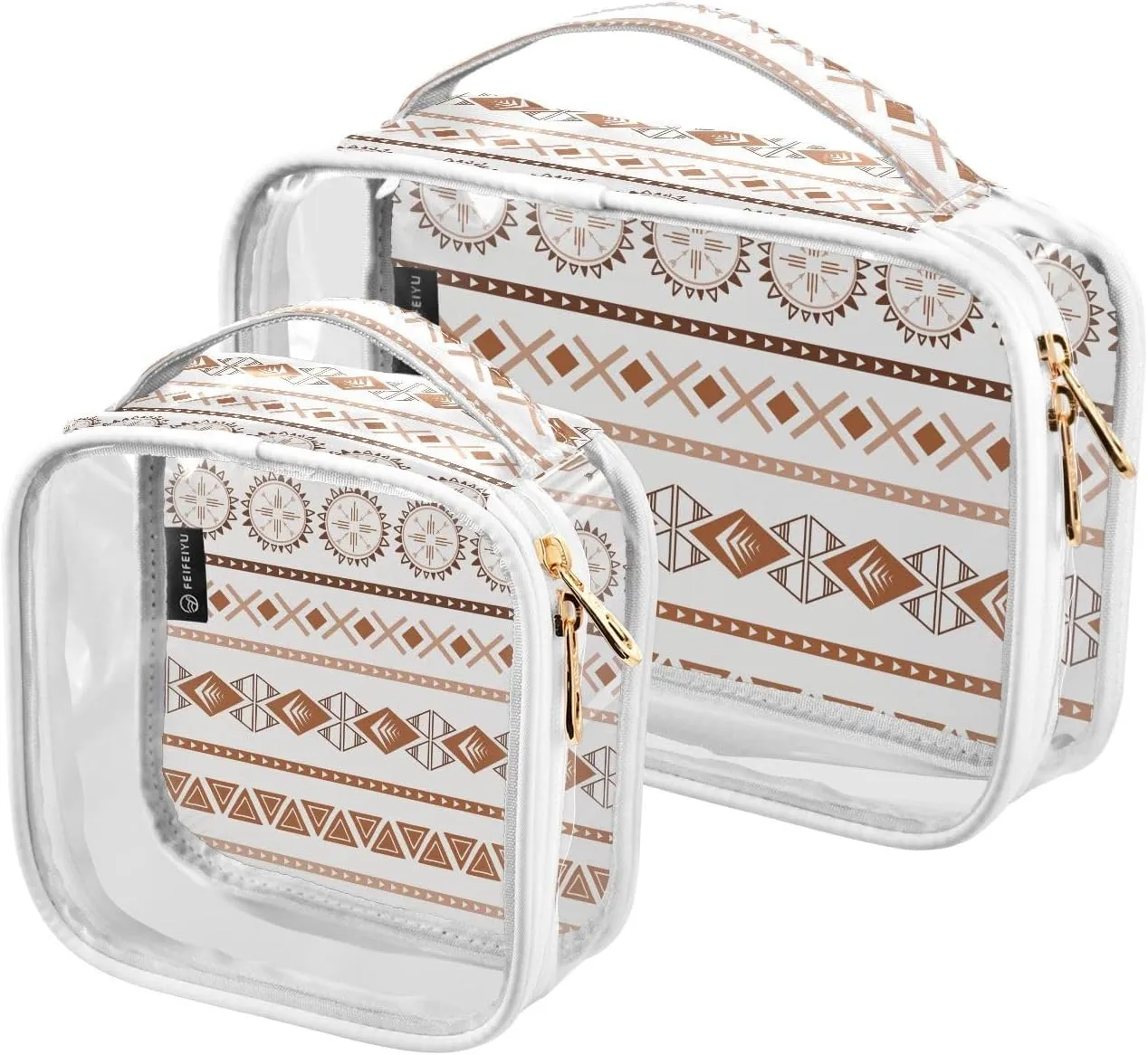 Ethnic Light Brown 2 Pieces Clear Makeup Cosmetic Bags for Traveling Vacation Organizing, Toiletry Bags for Women Men, PVC Waterproof Travel Organizer