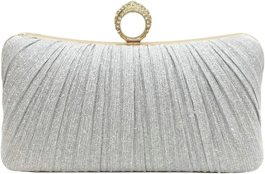 Evening Party Bags for Women Summer Wedding Clutch Purses Pleated Handbag with Rhinestone Ring for Formal Occasion