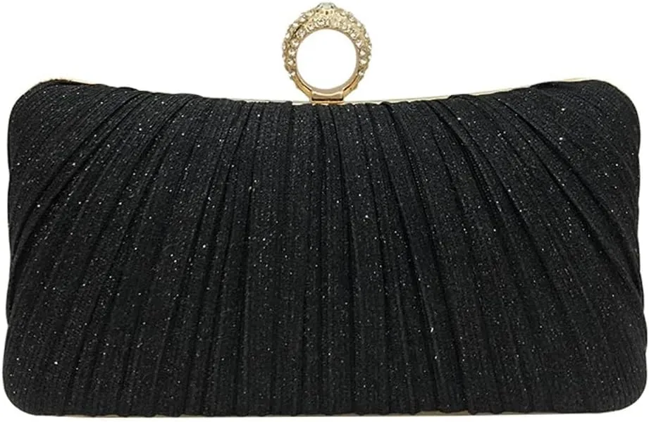 Evening Party Bags for Women Summer Wedding Clutch Purses Pleated Handbag with Rhinestone Ring for Formal Occasion