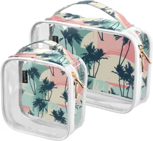 Exotic Tropical Palms Artistic 2 Pieces Clear Makeup Cosmetic Bags for Traveling Vacation Organizing, Toiletry Bags for Women Men, PVC Waterproof Travel Organizer