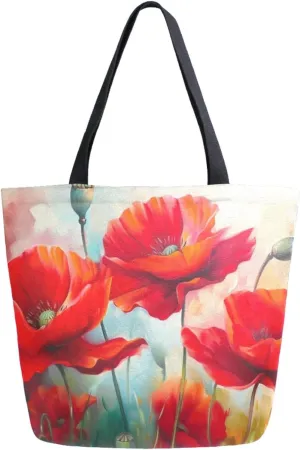 Extra Large Shoulder Gym Tote Bag, Chic Red Poppy Oil Painting Canvas Handle Bag for Yoga Weekender Picnic Beach Travel Kitchen Reusable Market Grocery Shopping