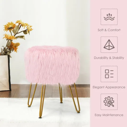 Faux Fur Vanity Stool Chair with Metal Legs for Bedroom and Living Room-Pink
