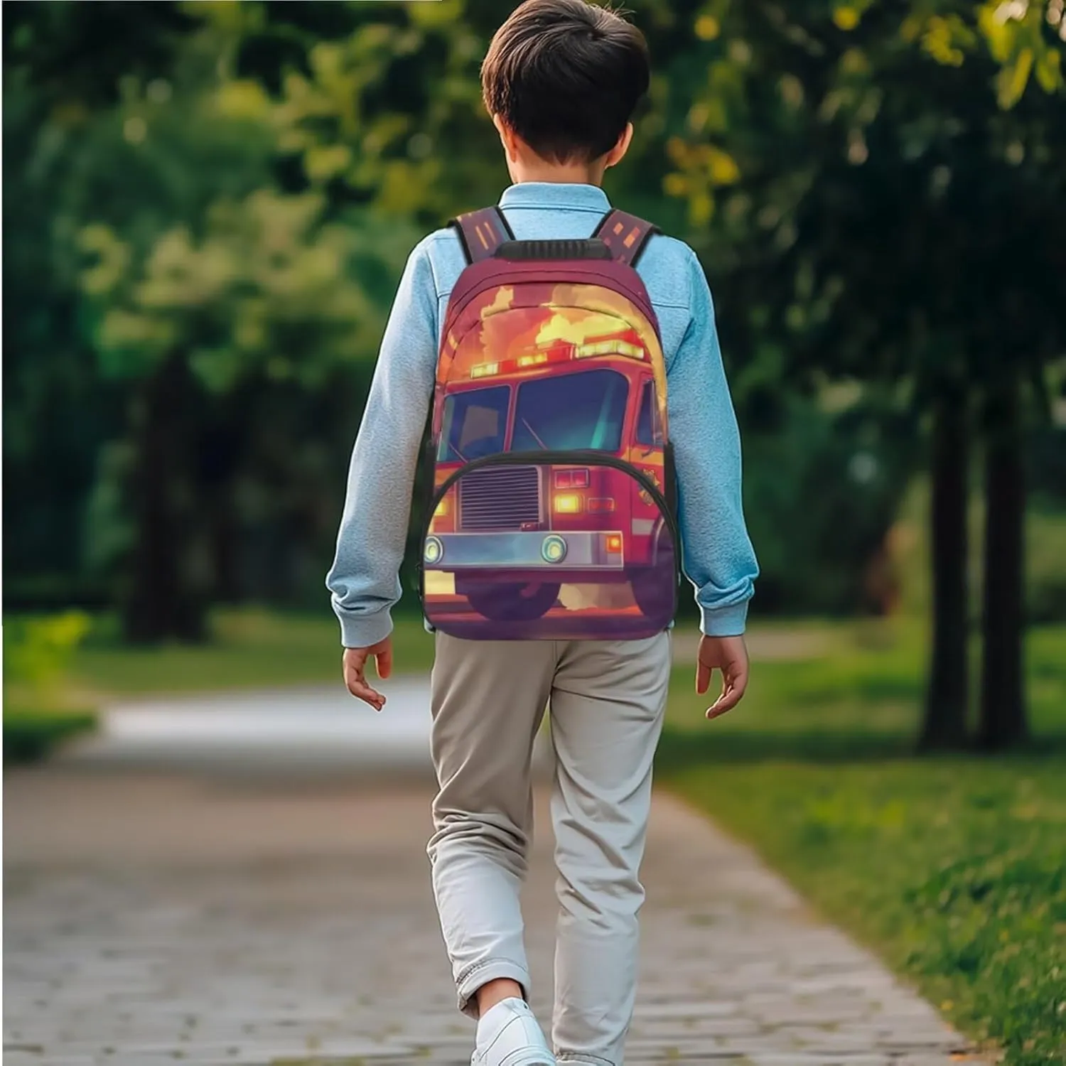 Fire Truck Backpack for Boys Versatile 17 Inch Boy Bookbag with Lunch Box Portable School Lunch Bag with Strap 3 Pcs Casual Travel Rucksack Easy to Carry