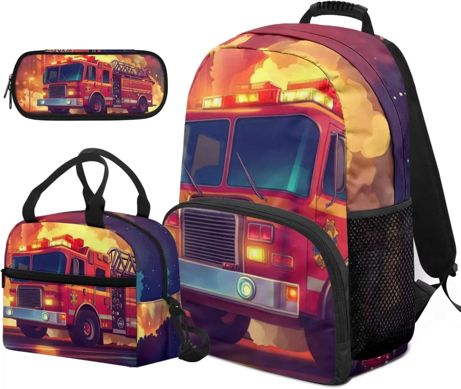 Fire Truck Backpack for Boys Versatile 17 Inch Boy Bookbag with Lunch Box Portable School Lunch Bag with Strap 3 Pcs Casual Travel Rucksack Easy to Carry