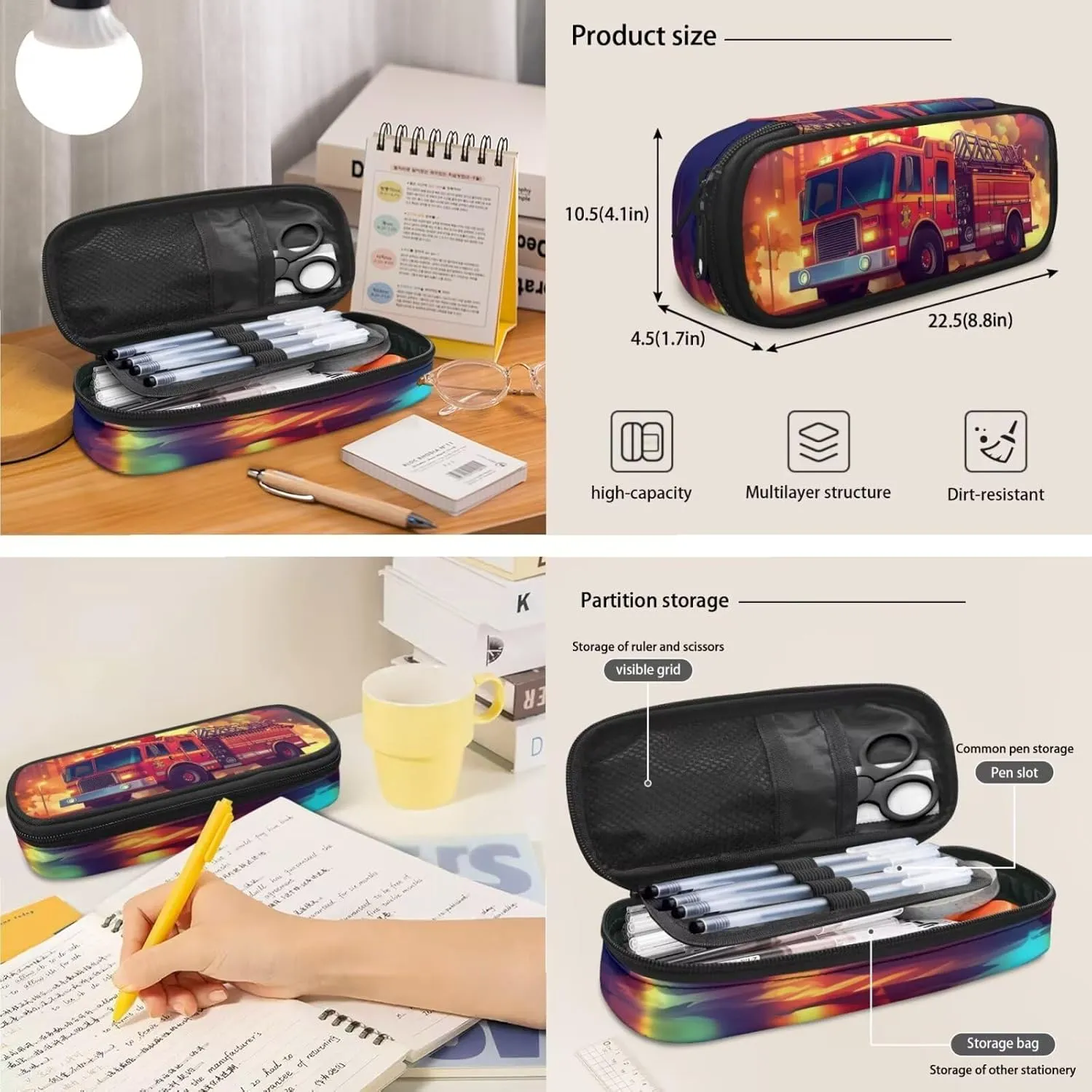 Fire Truck Backpack for Boys Versatile 17 Inch Boy Bookbag with Lunch Box Portable School Lunch Bag with Strap 3 Pcs Casual Travel Rucksack Easy to Carry