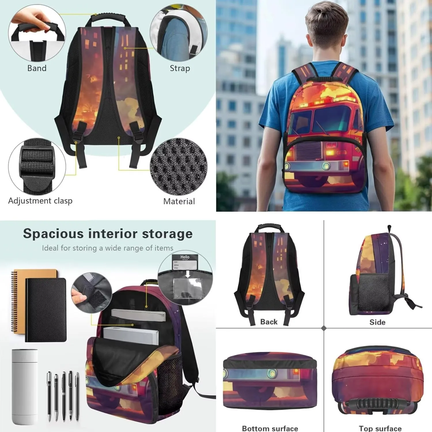 Fire Truck Backpack for Boys Versatile 17 Inch Boy Bookbag with Lunch Box Portable School Lunch Bag with Strap 3 Pcs Casual Travel Rucksack Easy to Carry