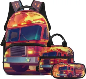 Fire Truck Backpack for Boys Versatile 17 Inch Boy Bookbag with Lunch Box Portable School Lunch Bag with Strap 3 Pcs Casual Travel Rucksack Easy to Carry