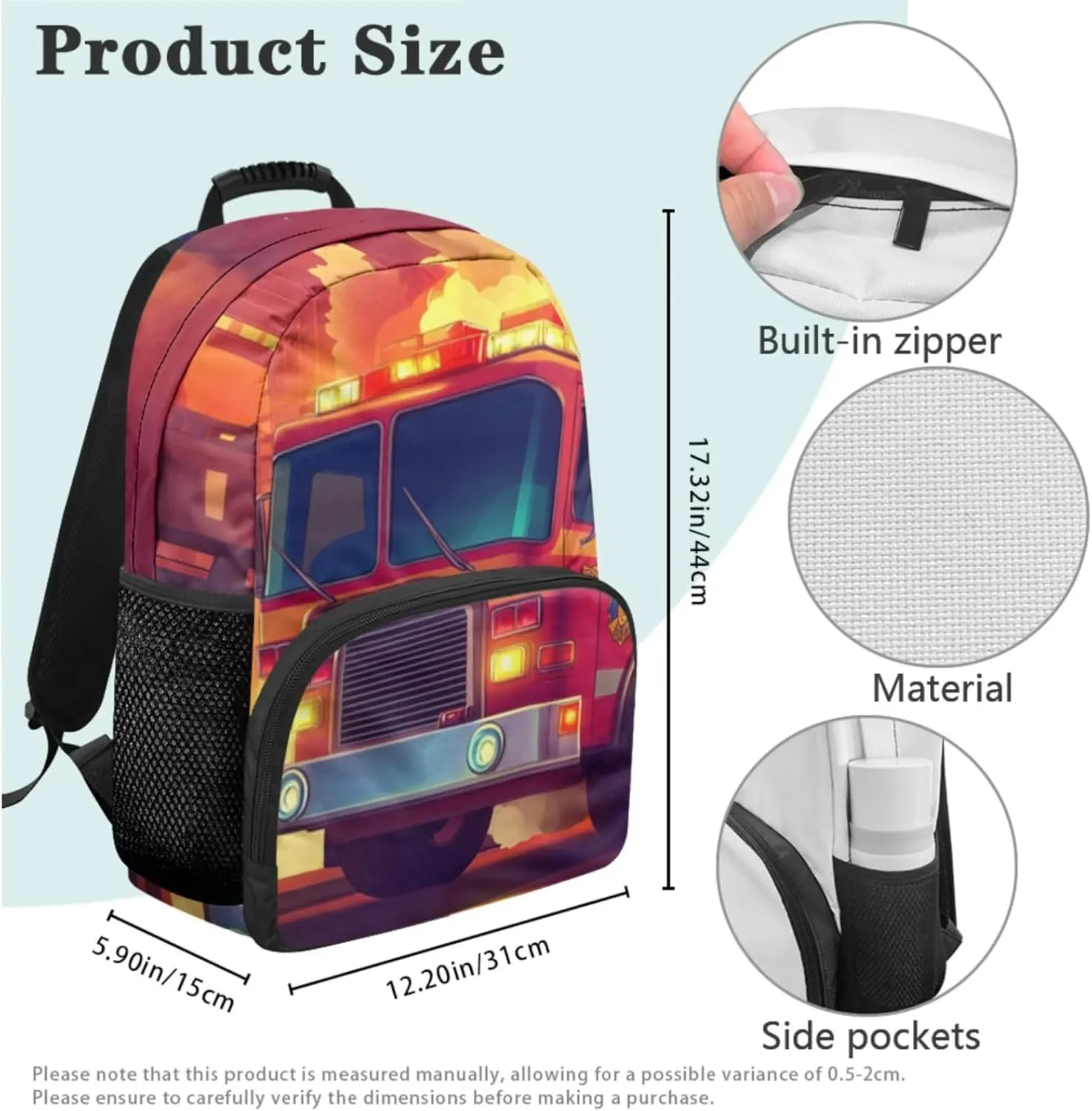 Fire Truck Backpack for Boys Versatile 17 Inch Boy Bookbag with Lunch Box Portable School Lunch Bag with Strap 3 Pcs Casual Travel Rucksack Easy to Carry