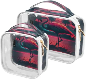 Flamingos Print 2 Pieces Clear Makeup Cosmetic Bags for Traveling Vacation Organizing, Toiletry Bags for Women Men, PVC Waterproof Travel Organizer