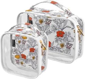 Floral Botanical Plant 2 Pieces Clear Makeup Cosmetic Bags for Traveling Vacation Organizing, Toiletry Bags for Women Men, PVC Waterproof Travel Organizer