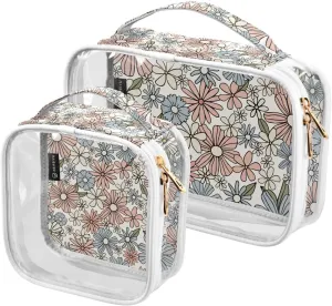 Floral Colorful 2 Pieces Clear Makeup Cosmetic Bags for Traveling Vacation Organizing, Toiletry Bags for Women Men, PVC Waterproof Travel Organizer
