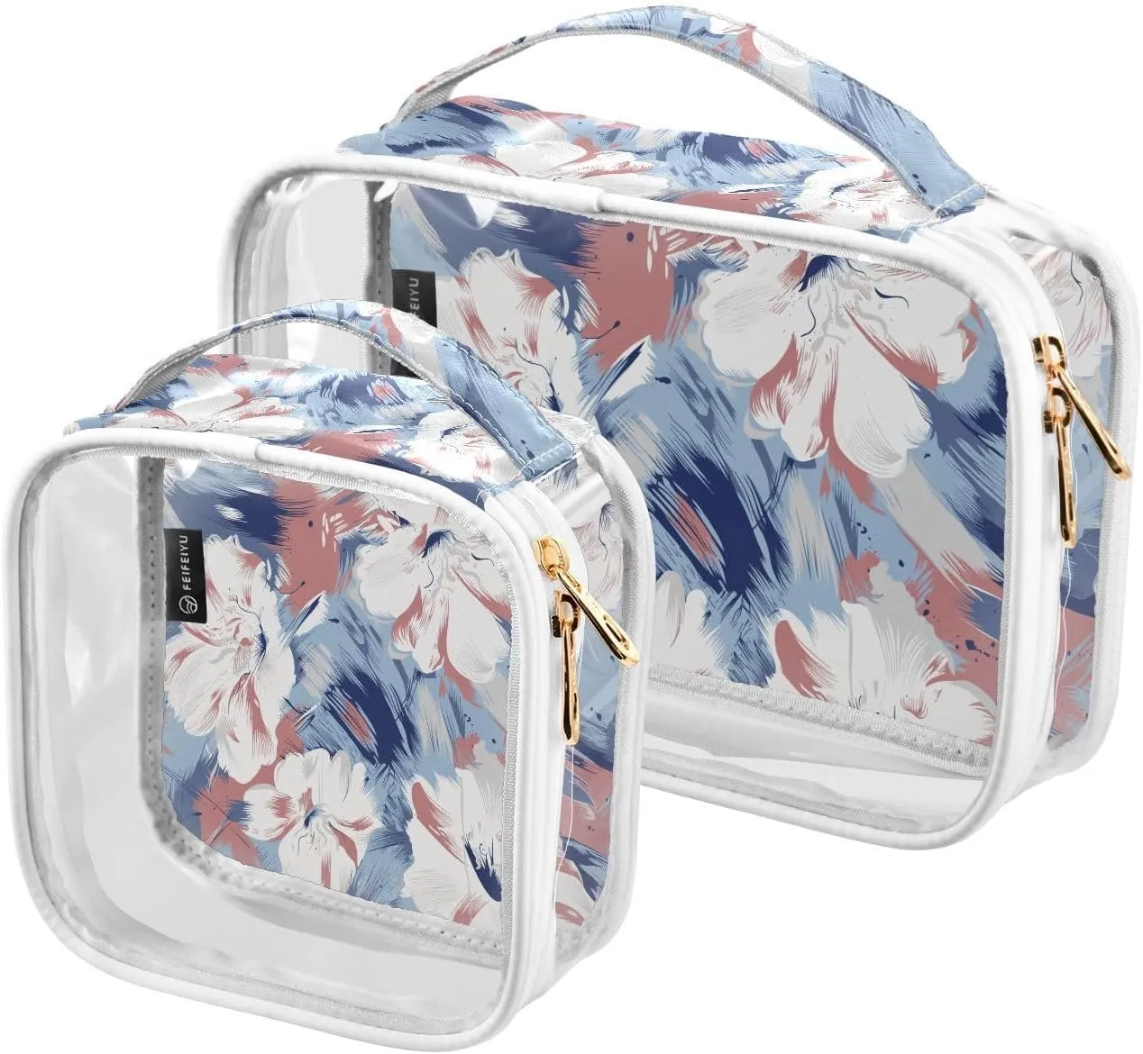 Floral Decoration 2 Pieces Clear Makeup Cosmetic Bags for Traveling Vacation Organizing, Toiletry Bags for Women Men, PVC Waterproof Travel Organizer