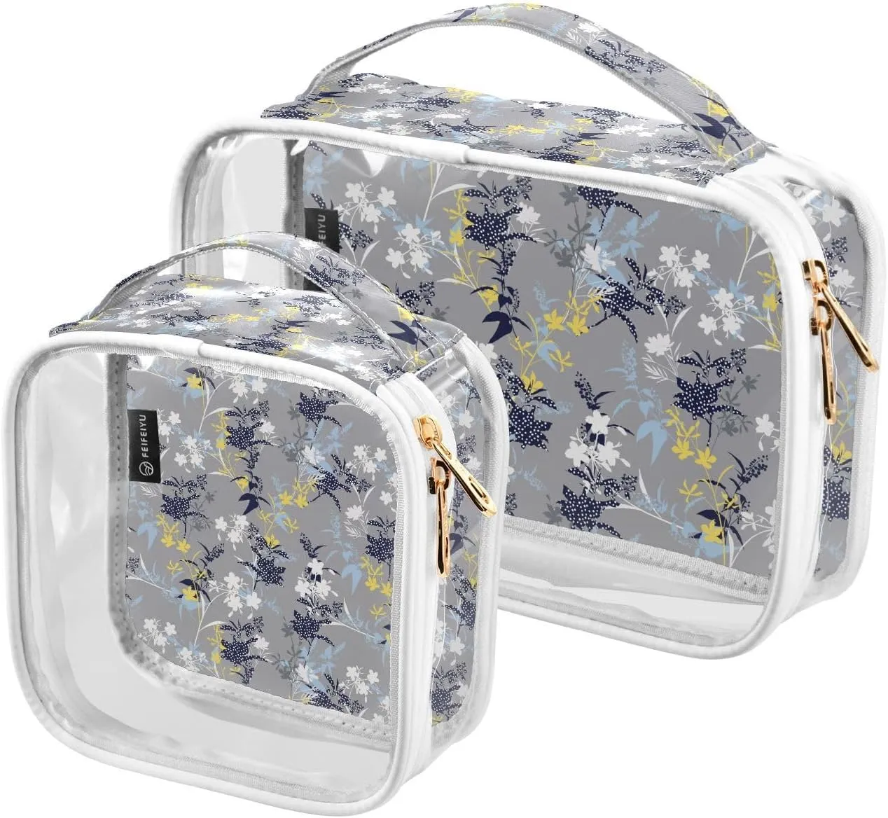 Floral -pattern 2 Pieces Clear Makeup Cosmetic Bags for Traveling Vacation Organizing, Toiletry Bags for Women Men, PVC Waterproof Travel Organizer