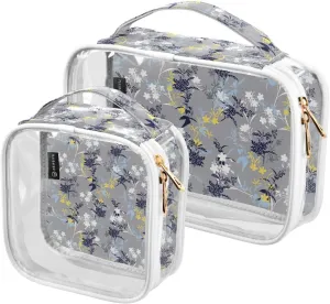 Floral -pattern 2 Pieces Clear Makeup Cosmetic Bags for Traveling Vacation Organizing, Toiletry Bags for Women Men, PVC Waterproof Travel Organizer