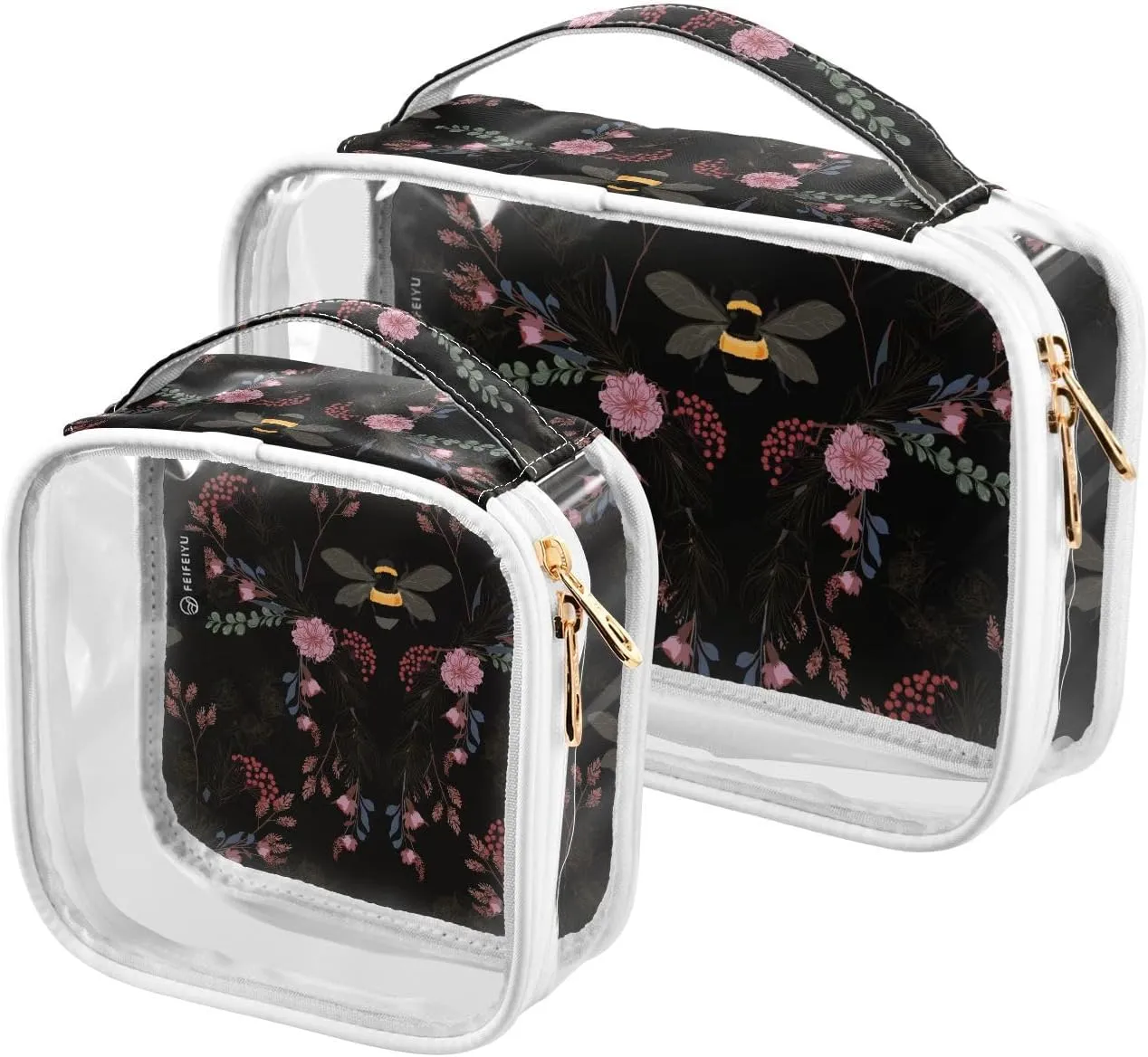 Floral-pattern 2 Pieces Clear Makeup Cosmetic Bags for Traveling Vacation Organizing, Toiletry Bags for Women Men, PVC Waterproof Travel Organizer