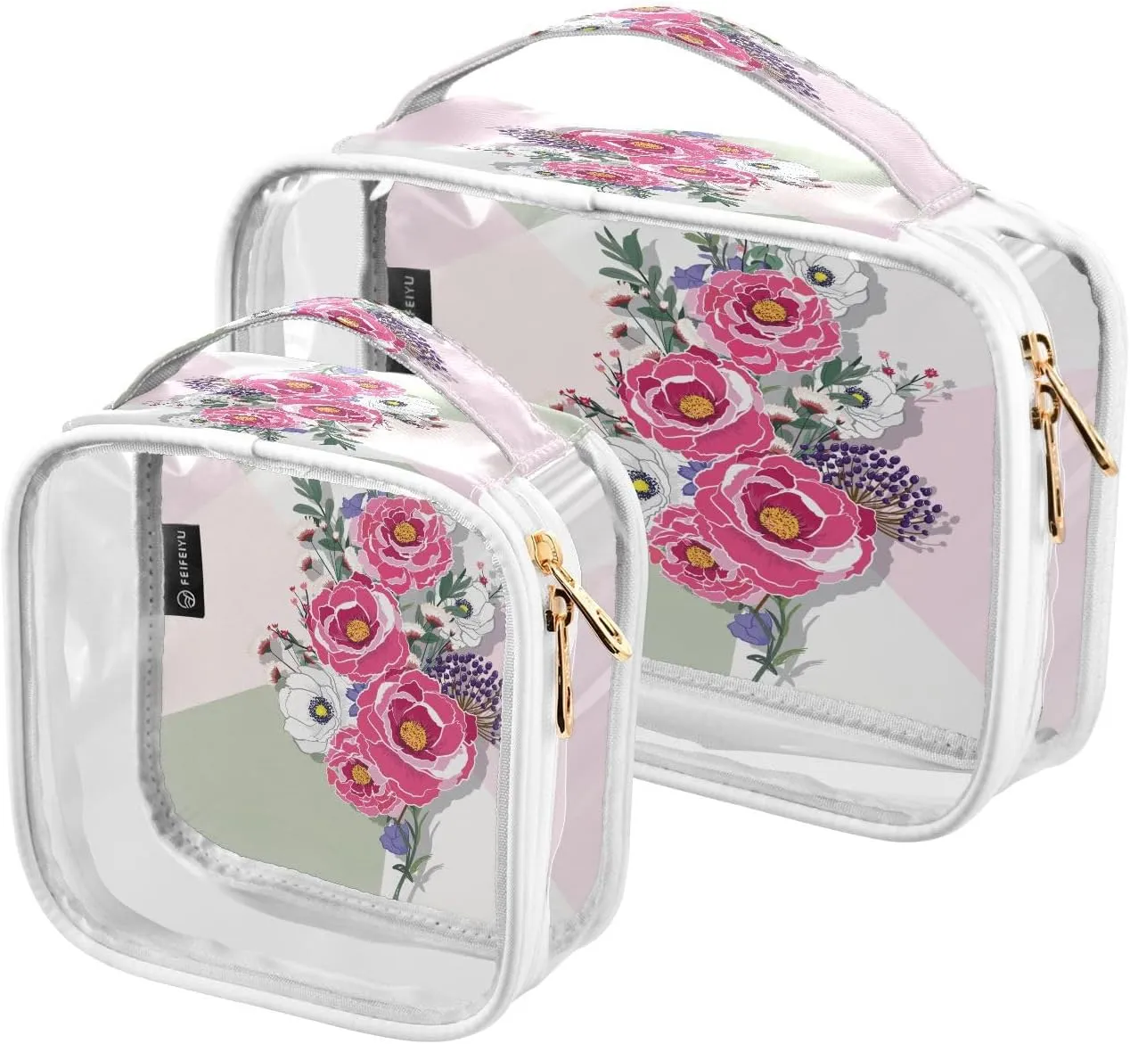Floral Pink Fashion 2 Pieces Clear Makeup Cosmetic Bags for Traveling Vacation Organizing, Toiletry Bags for Women Men, PVC Waterproof Travel Organizer