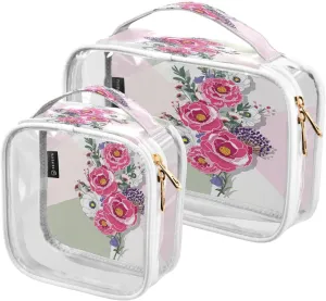 Floral Pink Fashion 2 Pieces Clear Makeup Cosmetic Bags for Traveling Vacation Organizing, Toiletry Bags for Women Men, PVC Waterproof Travel Organizer