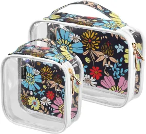 Flowers 2 Pieces Clear Makeup Cosmetic Bags for Traveling Vacation Organizing, Toiletry Bags for Women Men, PVC Waterproof Travel Organizer