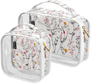 Flowers-blooming-pattern 2 Pieces Clear Makeup Cosmetic Bags for Traveling Vacation Organizing, Toiletry Bags for Women Men, PVC Waterproof Travel Organizer
