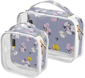 Flowers-mood-navy-blue-stripe 2 Pieces Clear Makeup Cosmetic Bags for Traveling Vacation Organizing, Toiletry Bags for Women Men, PVC Waterproof Travel Organizer