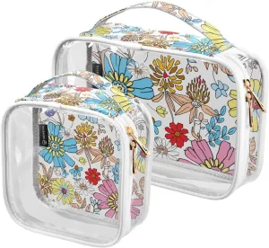 Flowers Pattern 2 Pieces Clear Makeup Cosmetic Bags for Traveling Vacation Organizing, Toiletry Bags for Women Men, PVC Waterproof Travel Organizer