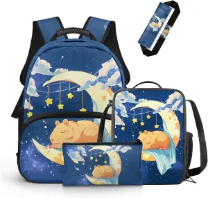 FOR U DESIGNS Capybara Backpack with Lunch Box Versatile 15 Inch Book Bag Set Large Capacity 4-Piece Kids Backpacks for Girls 10-12 Cute Cool School Casual Sports 4th Grade Schoolbag