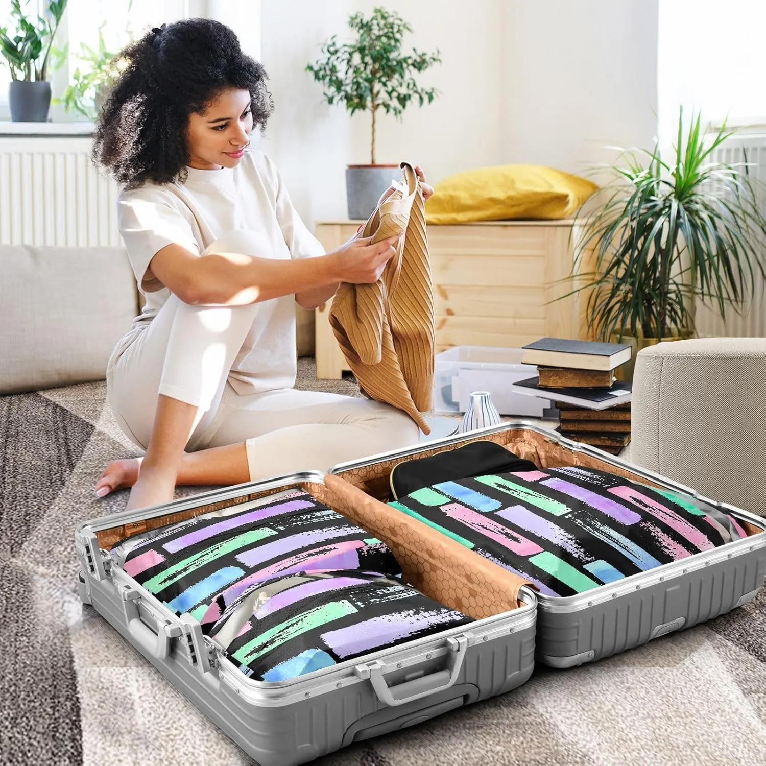 Garment Bag Closet Storage, Luggage Space Saver, Geometric Shapes, Waterproof, 3 Set Travel Packing Cubes For Suitcases, Luggages Management Personnel