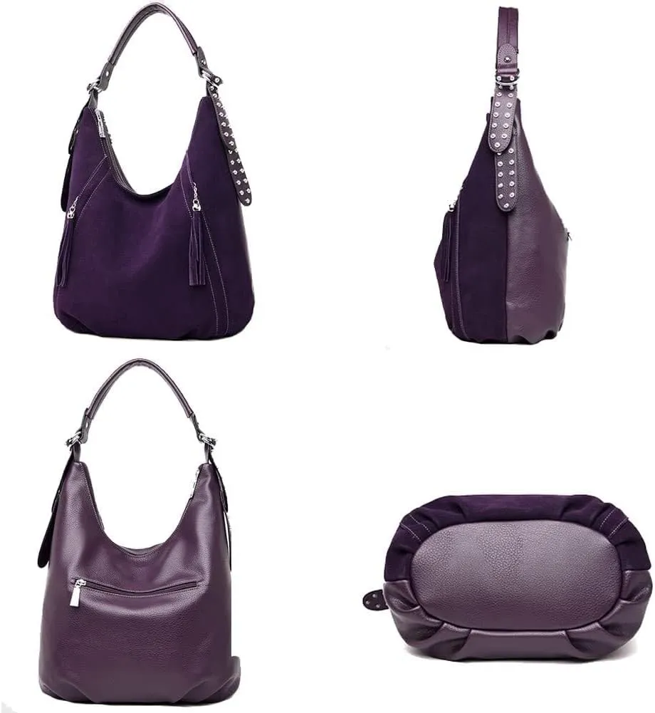 Genuine Leather Hobo Handbag Work Travel Top Handle with Tassel Womens Tote Roomy Shoulder Purse