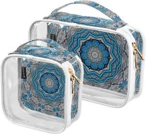 Geometric Bohemian Ethnic 2 Pieces Clear Makeup Cosmetic Bags for Traveling Vacation Organizing, Toiletry Bags for Women Men, PVC Waterproof Travel Organizer