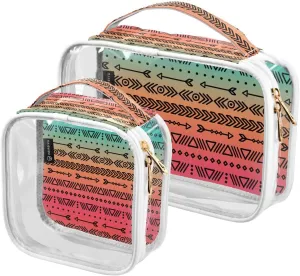 Geometric Ethnic Boho Stripes 2 Pieces Clear Makeup Cosmetic Bags for Traveling Vacation Organizing, Toiletry Bags for Women Men, PVC Waterproof Travel Organizer