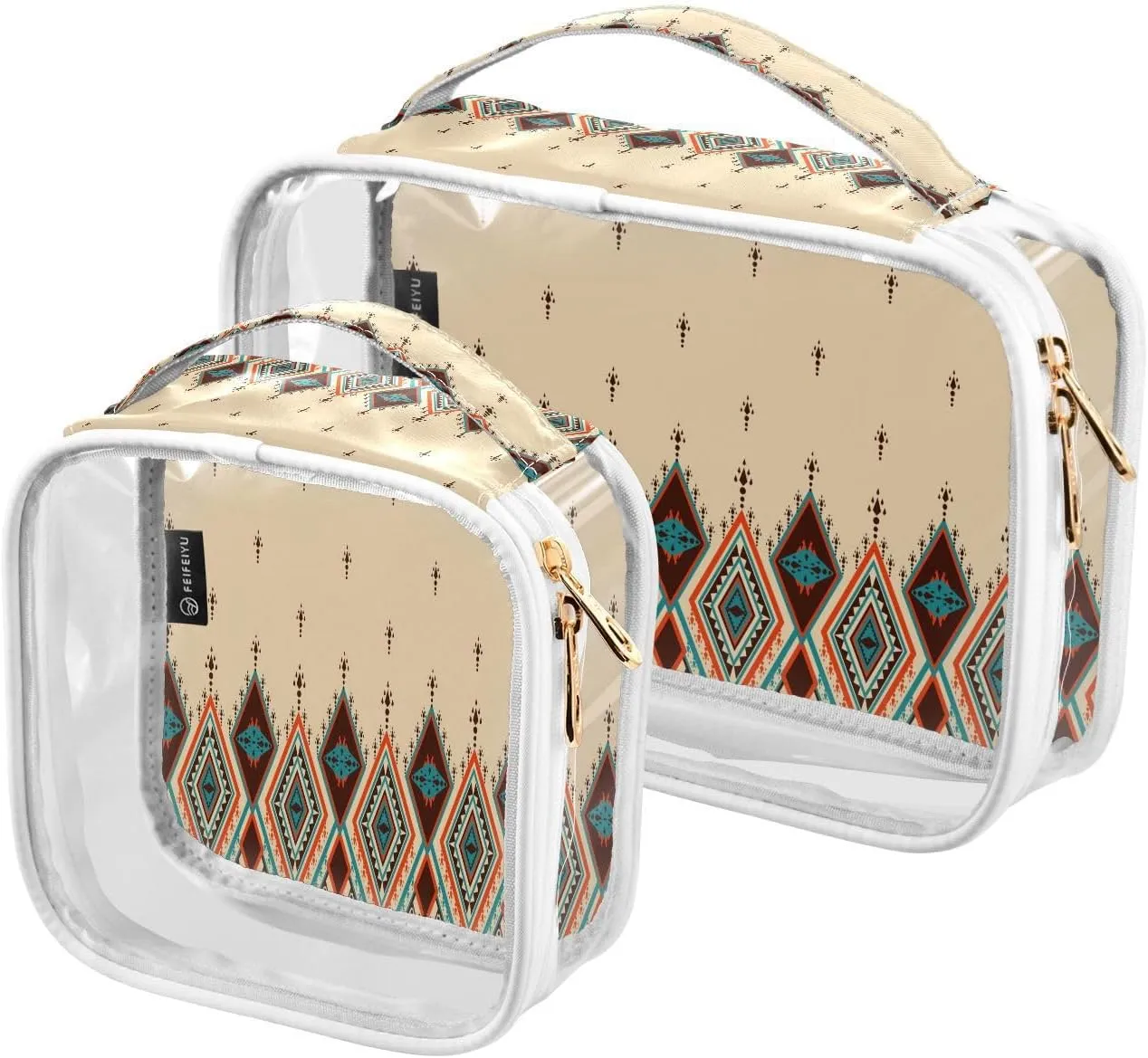 Geometric Ethnic Texture 2 Pieces Clear Makeup Cosmetic Bags for Traveling Vacation Organizing, Toiletry Bags for Women Men, PVC Waterproof Travel Organizer