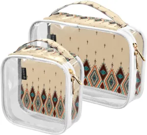 Geometric Ethnic Texture 2 Pieces Clear Makeup Cosmetic Bags for Traveling Vacation Organizing, Toiletry Bags for Women Men, PVC Waterproof Travel Organizer