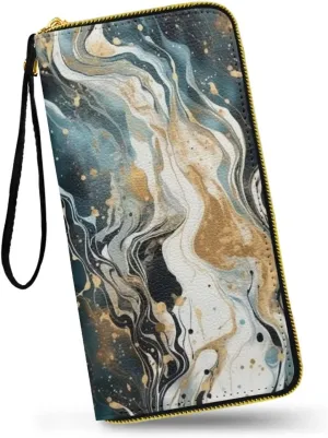 Gold Black Marble Zipper Wallets for Women Fluid Painting Phone Clutch with Wristlet, Modern Abstract Art Leather Long Zipper Cellphone Wallet Travel Purse