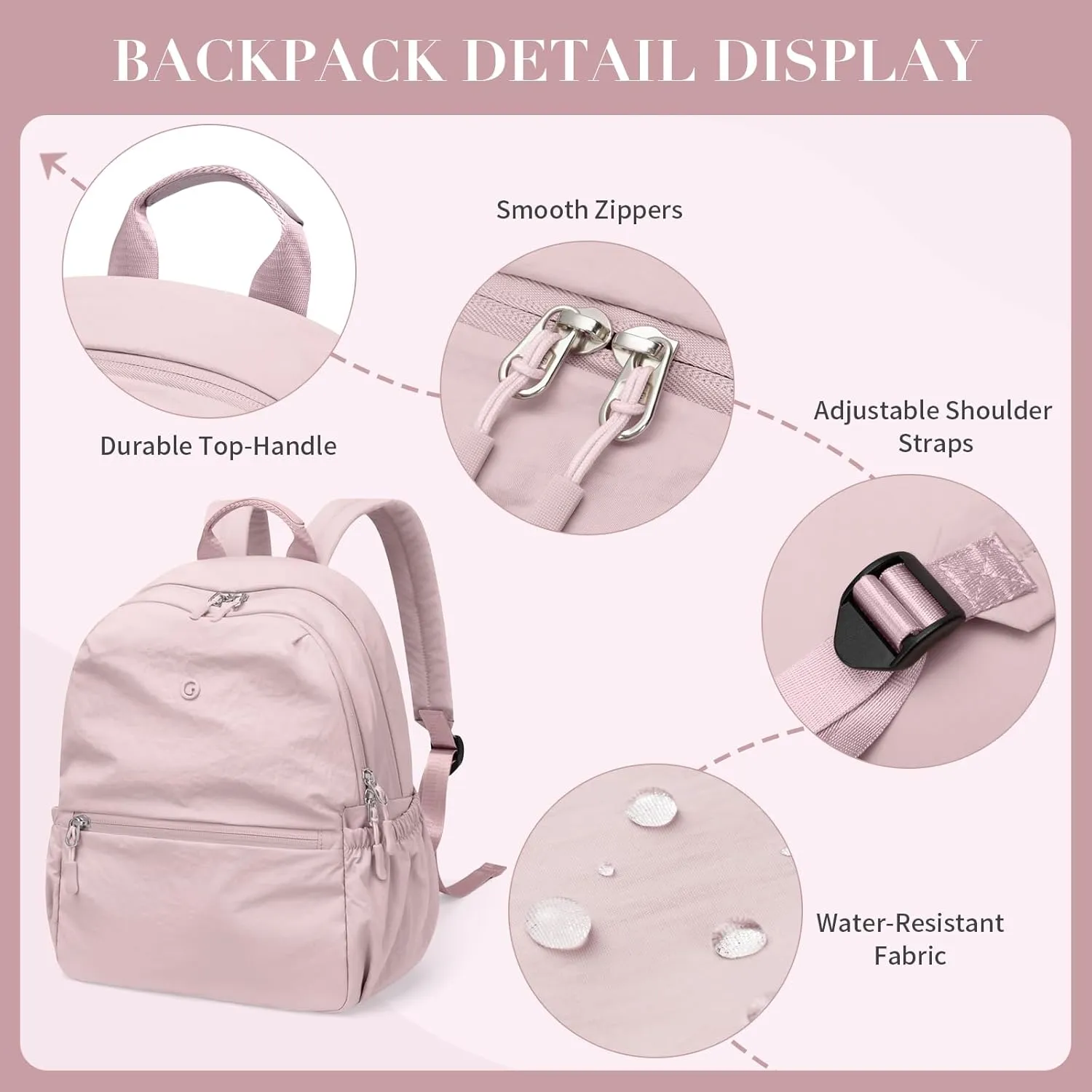 GOLF SUPAGS 13L Mini Backpack Lightweight Nylon Daypack for Women, Small City Pack, Versatile Ladies Backpack for Shopping & Travel, Light Pink