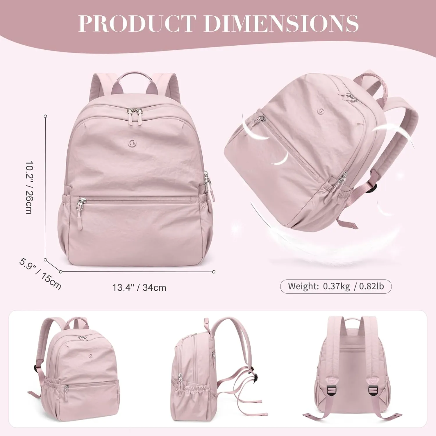 GOLF SUPAGS 13L Mini Backpack Lightweight Nylon Daypack for Women, Small City Pack, Versatile Ladies Backpack for Shopping & Travel, Light Pink