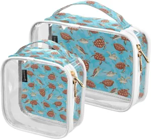 Green-sea-turtle Print 2 Pieces Clear Makeup Cosmetic Bags for Traveling Vacation Organizing, Toiletry Bags for Women Men, PVC Waterproof Travel Organizer