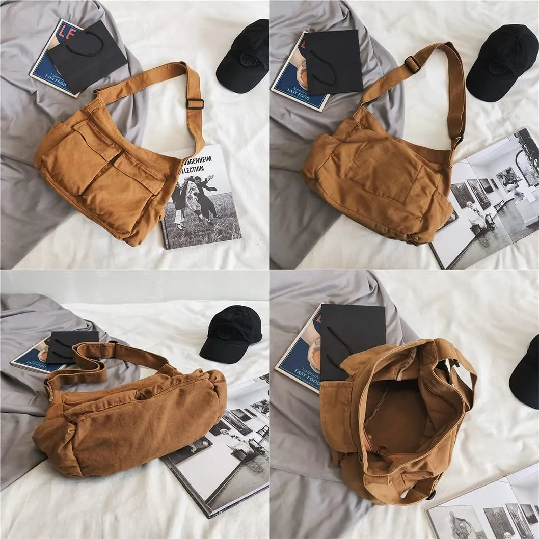 Grunge Hobo Bag Canvas Crossbody Bag Large Messenger Bags Travel Bag with Multi-pocket