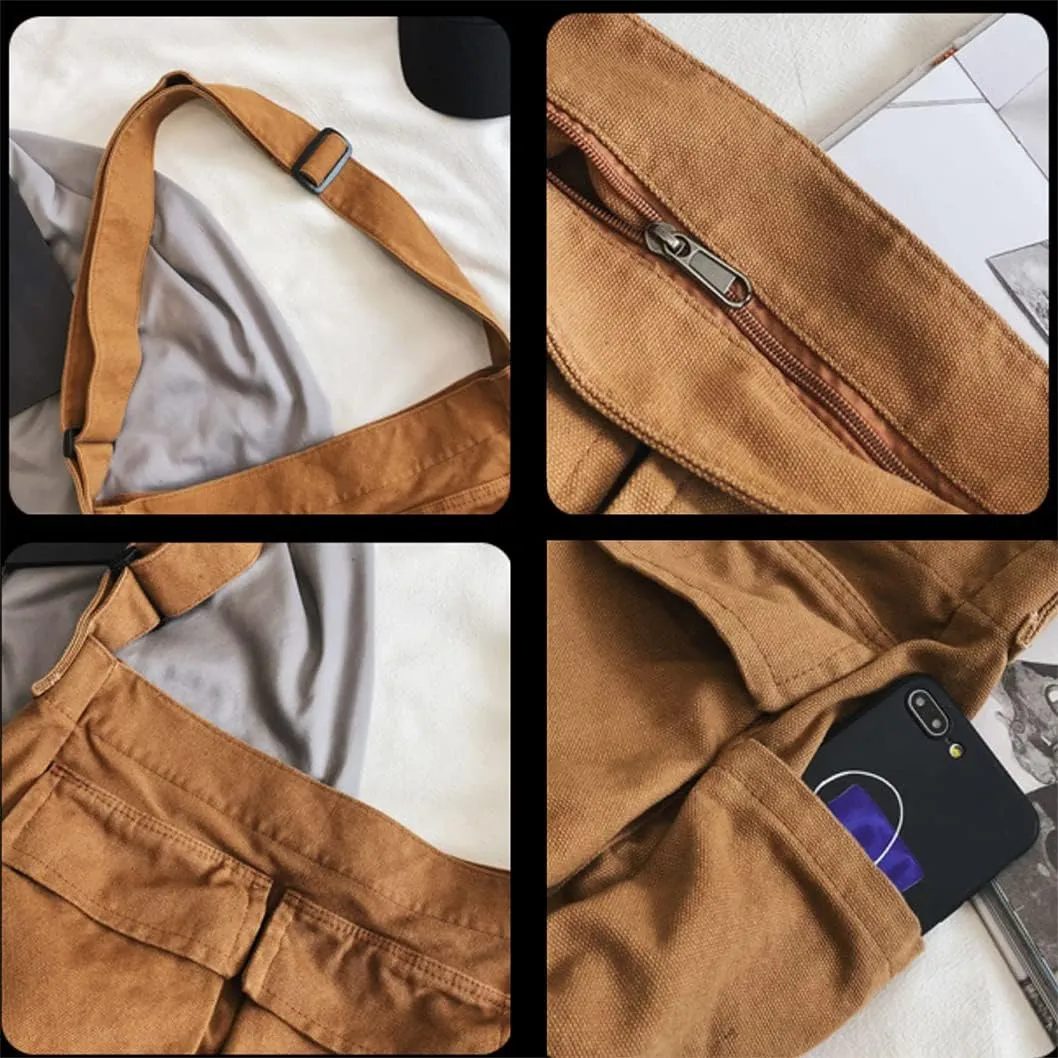 Grunge Hobo Bag Canvas Crossbody Bag Large Messenger Bags Travel Bag with Multi-pocket