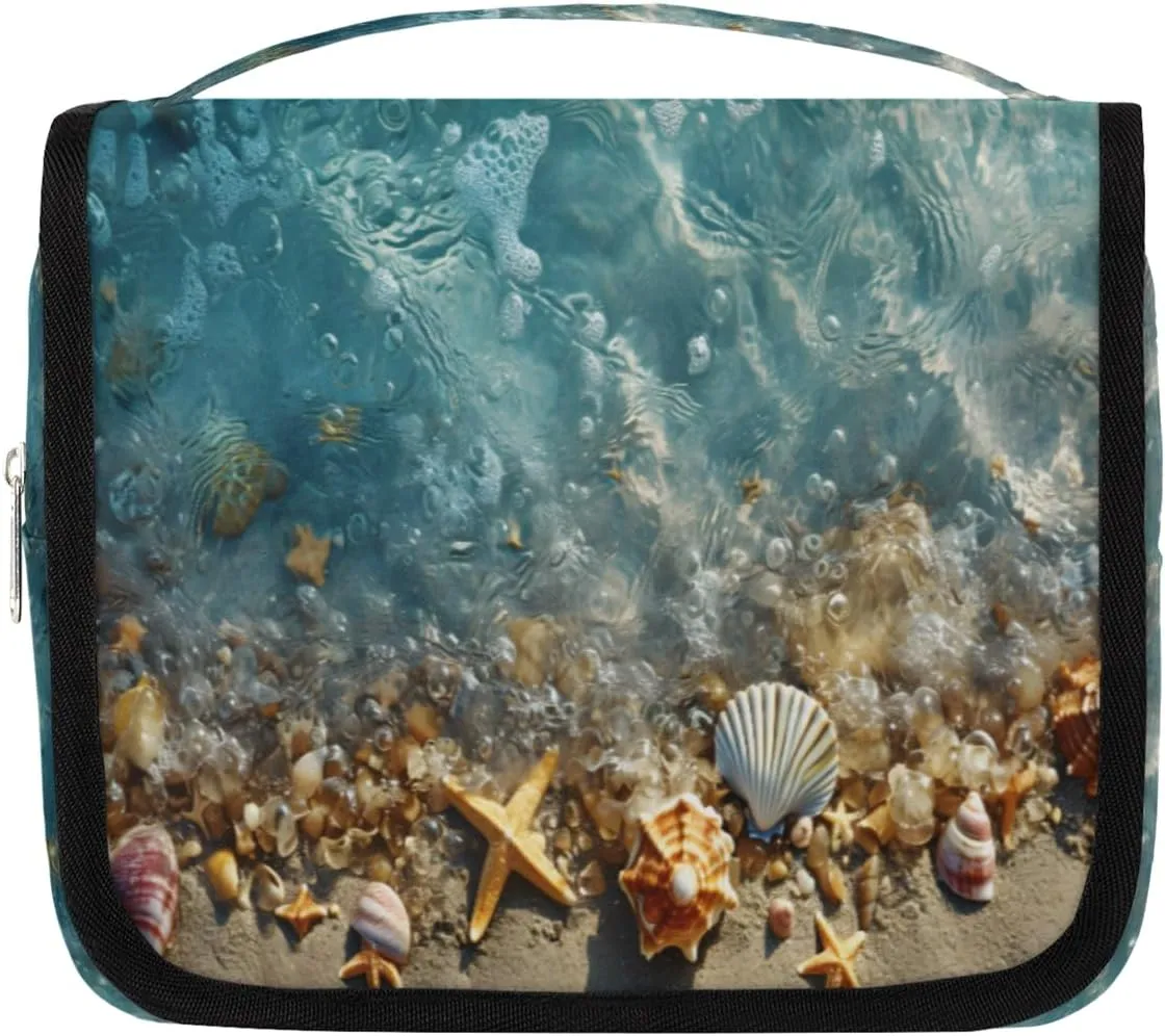 Hanging Toiletry Bag for Women & Men Small Travel Makeup Skincare Necessaire Organizer Kit Cosmetic Bags Waterproof Shower Pouch Expandable Compartments Beach Shell Ocean