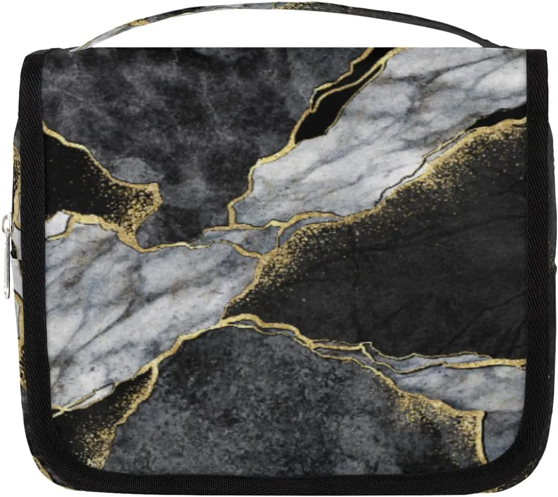 Hanging Toiletry Bag for Women & Men Small Travel Makeup Skincare Necessaire Organizer Kit Cosmetic Bags Waterproof Shower Pouch Expandable Compartments Black Marble Print