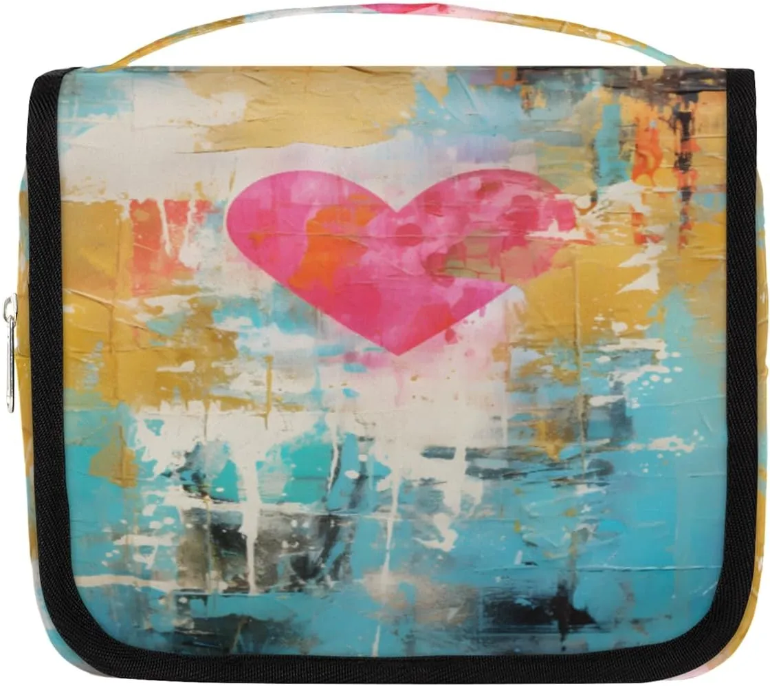 Hanging Toiletry Bag for Women & Men Small Travel Makeup Skincare Necessaire Organizer Kit Cosmetic Bags Waterproof Shower Pouch Expandable Compartments Colorful Heart Art