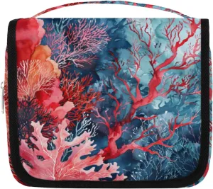 Hanging Toiletry Bag for Women & Men Small Travel Makeup Skincare Necessaire Organizer Kit Cosmetic Bags Waterproof Shower Pouch Expandable Compartments Coral Ocean Summer