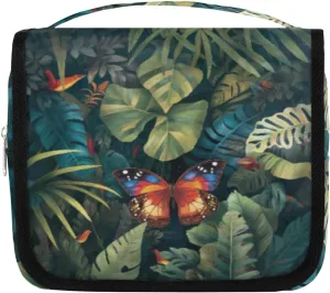 Hanging Toiletry Bag for Women & Men Small Travel Makeup Skincare Necessaire Organizer Kit Cosmetic Bags Waterproof Shower Pouch Expandable Compartments Plant Butterfly Leaf Printing