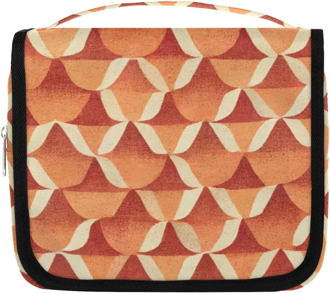 Hanging Toiletry Bag for Women & Men Small Travel Makeup Skincare Necessaire Organizer Kit Cosmetic Bags Waterproof Shower Pouch Expandable Compartments Retro Beach Geometric Pattern