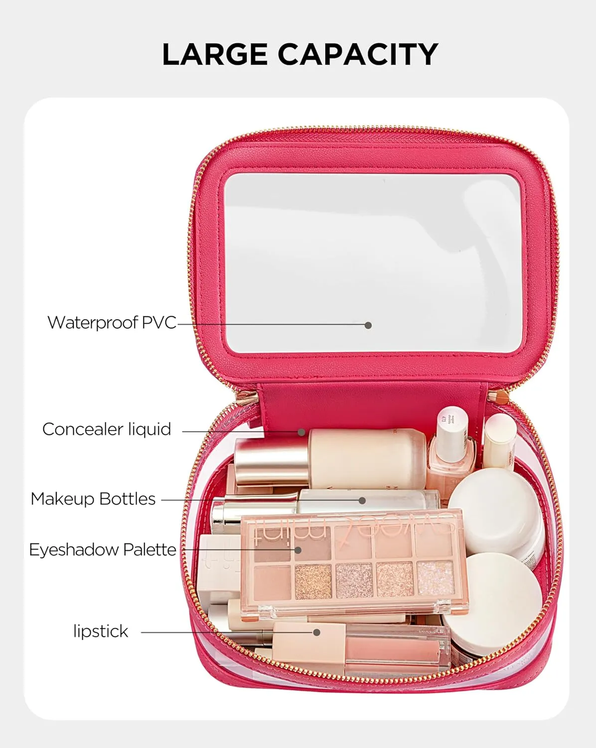 HBlife Clear Makeup Bag Organizer, Portable Travel Toiletry Cosmetic Bag Case for Women, Large Make Up Bag Makeup Train Case Transparent Storage Bag Pouch with Handle(Hot Pink)
