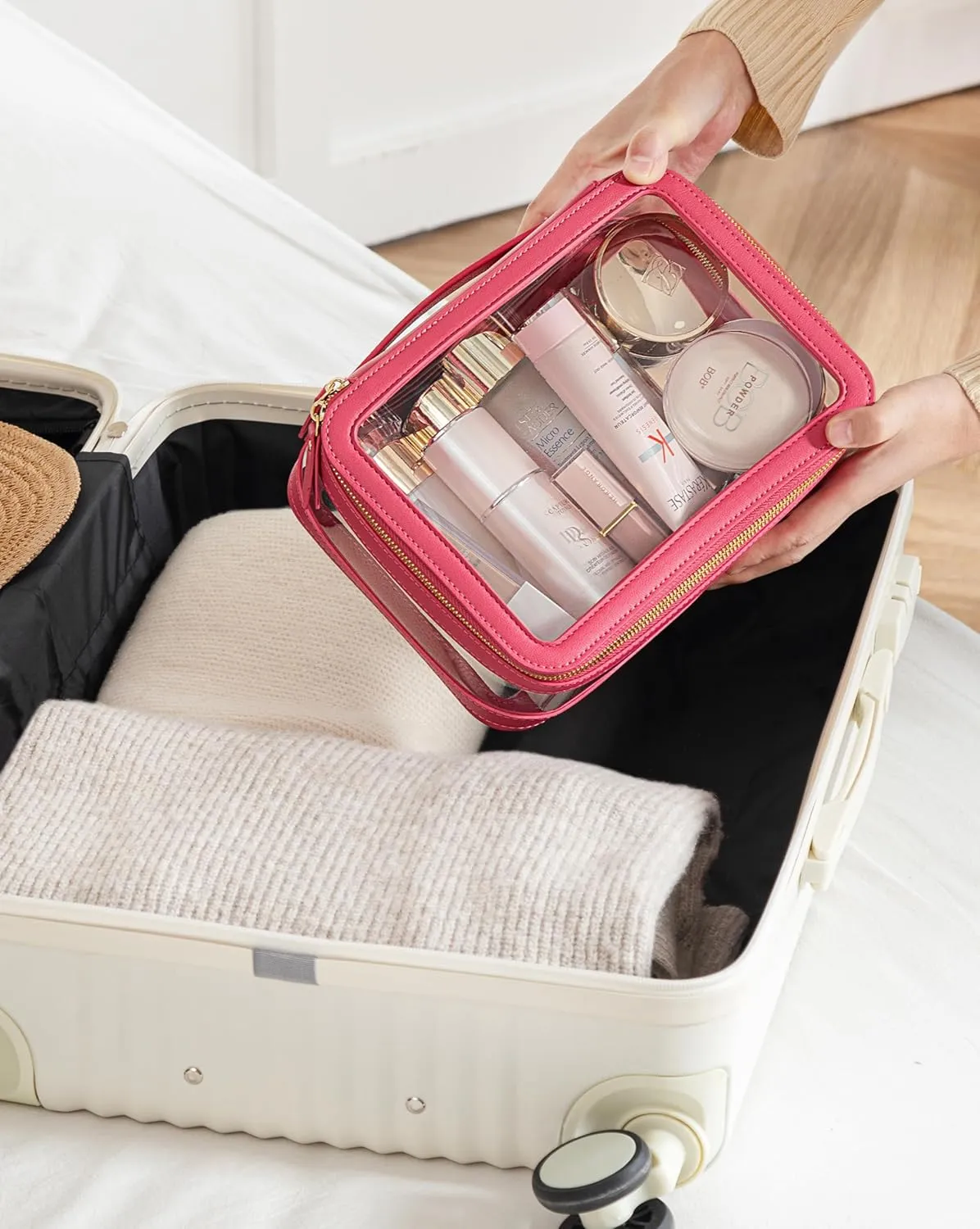 HBlife Clear Makeup Bag Organizer, Portable Travel Toiletry Cosmetic Bag Case for Women, Large Make Up Bag Makeup Train Case Transparent Storage Bag Pouch with Handle(Hot Pink)