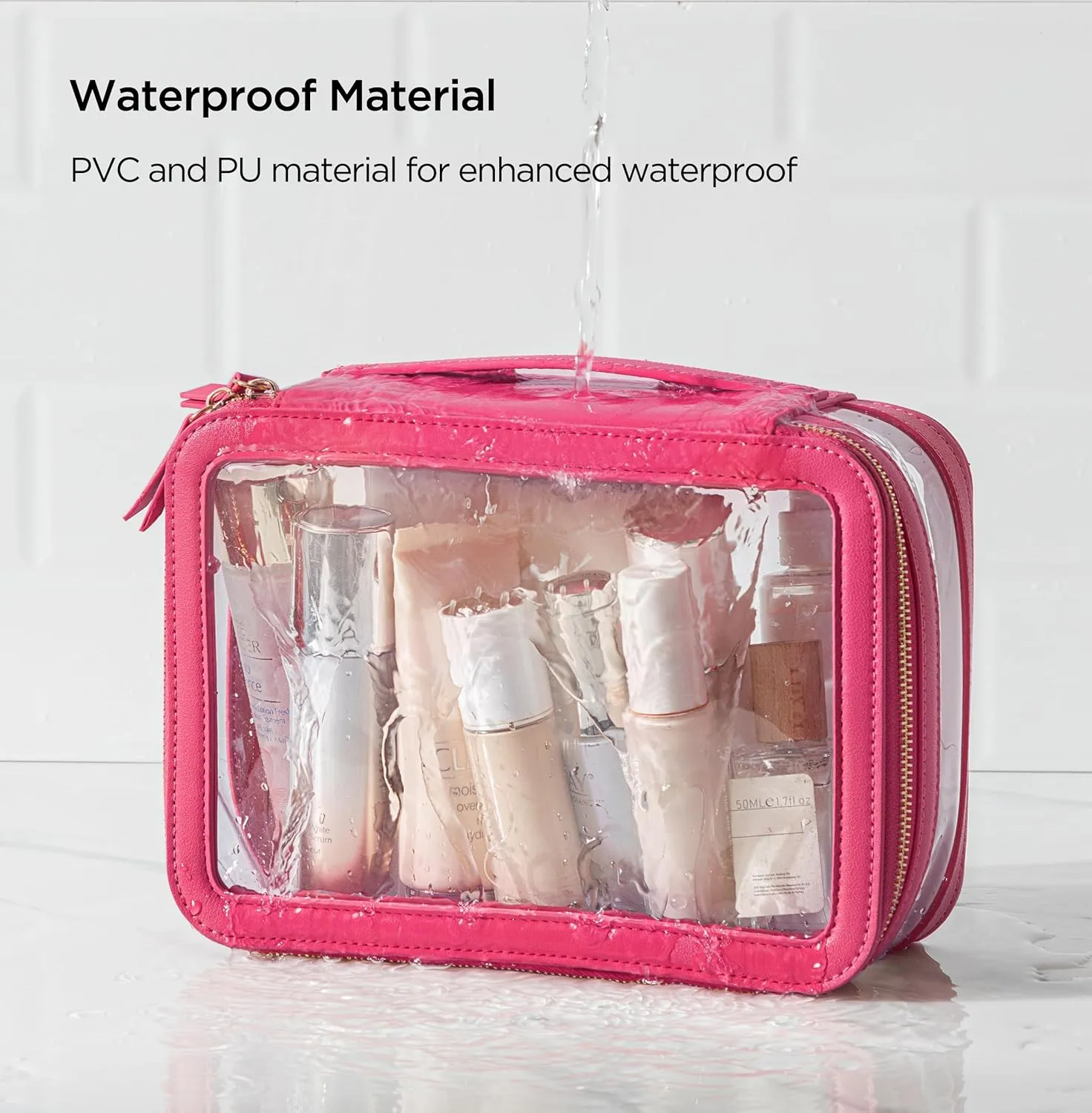 HBlife Clear Makeup Bag Organizer, Portable Travel Toiletry Cosmetic Bag Case for Women, Large Make Up Bag Makeup Train Case Transparent Storage Bag Pouch with Handle(Hot Pink)
