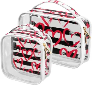 Hearts 2 Pieces Clear Makeup Cosmetic Bags for Traveling Vacation Organizing, Toiletry Bags for Women Men, PVC Waterproof Travel Organizer