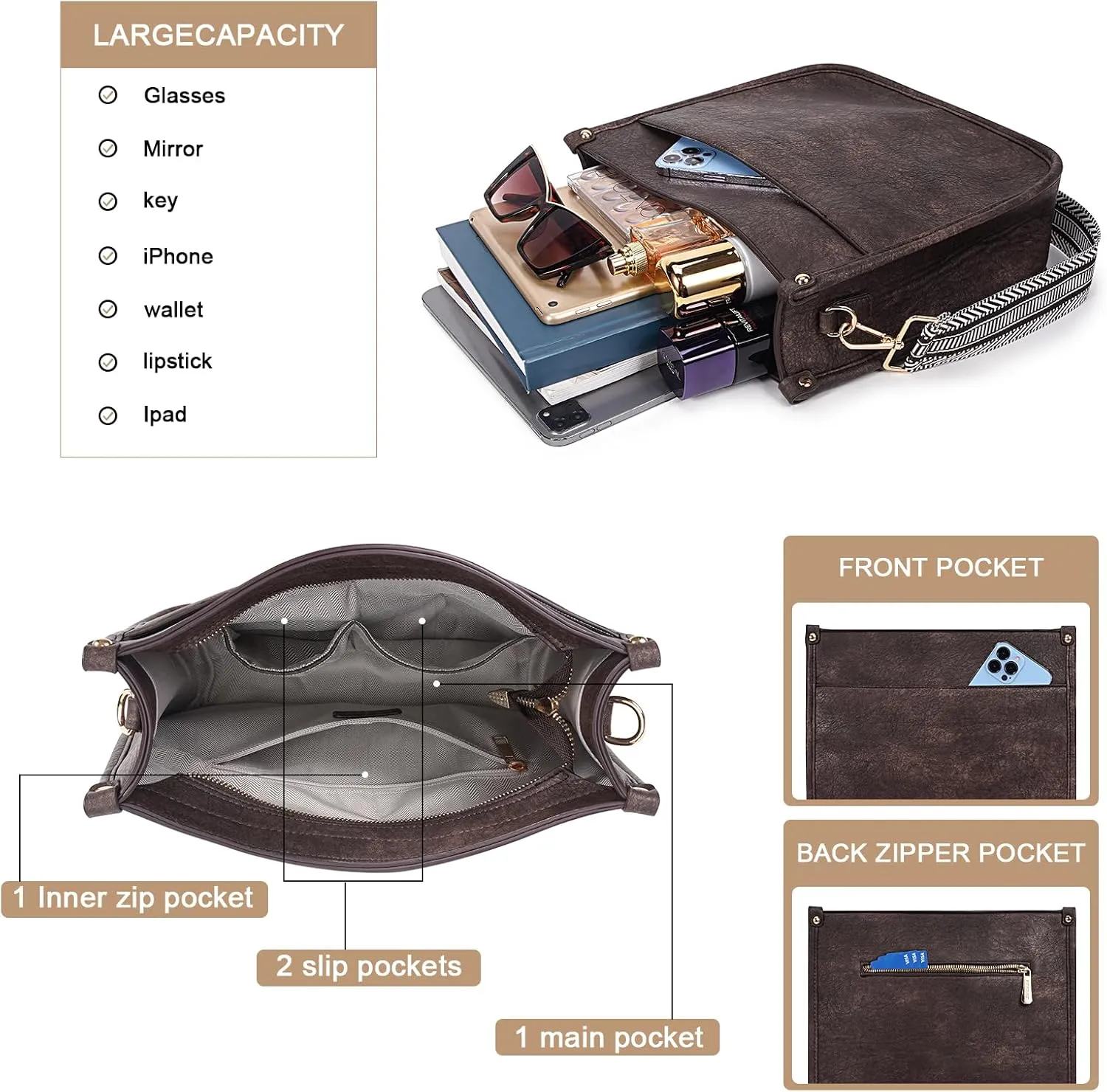 HKCLUF Crossbody Bags for Women Trendy Vegan Leather Hobo Handbags With 2PCS Adjustable Guitar Strap Shoulder Bucket Bags